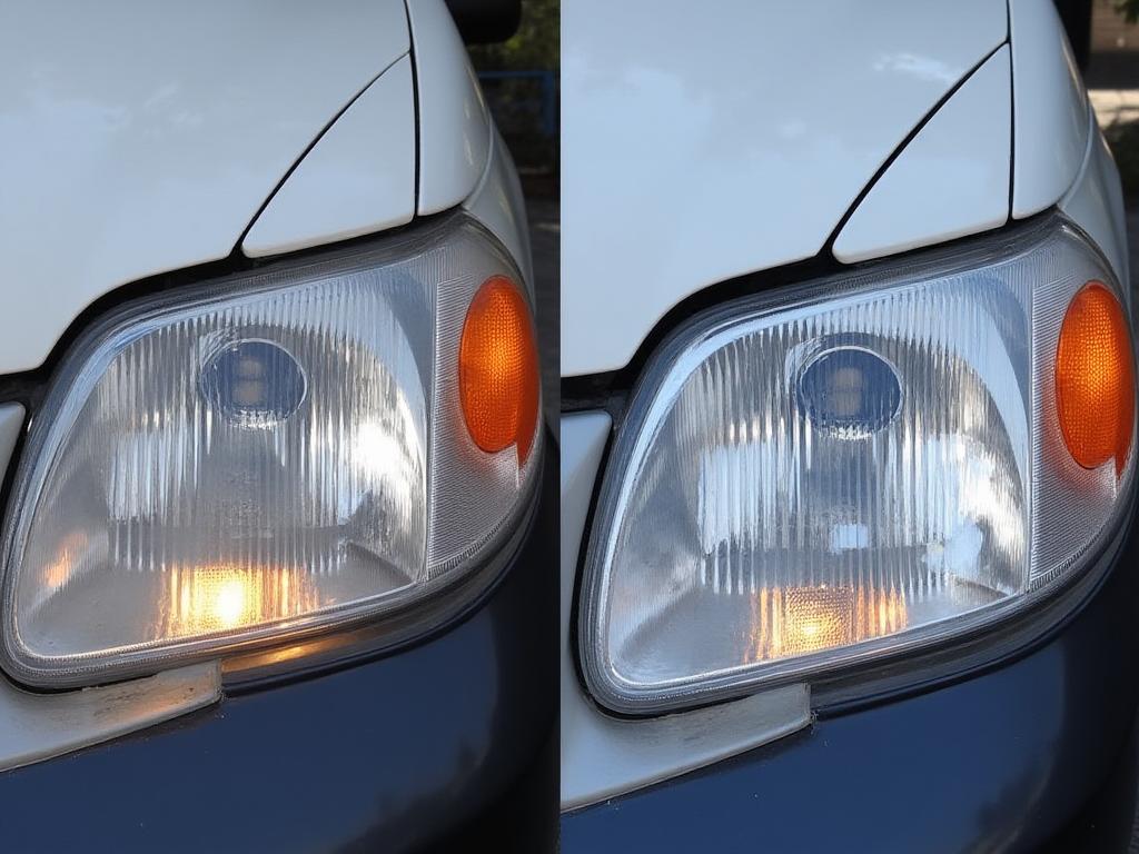Headlight restoration before and after comparison showing dramatic improvement
